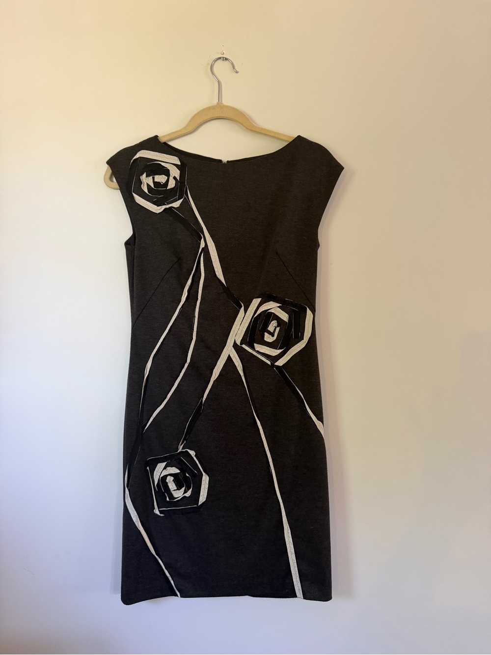 Suzi Chin Dark Grey Sheath Dress with White Floral Accents